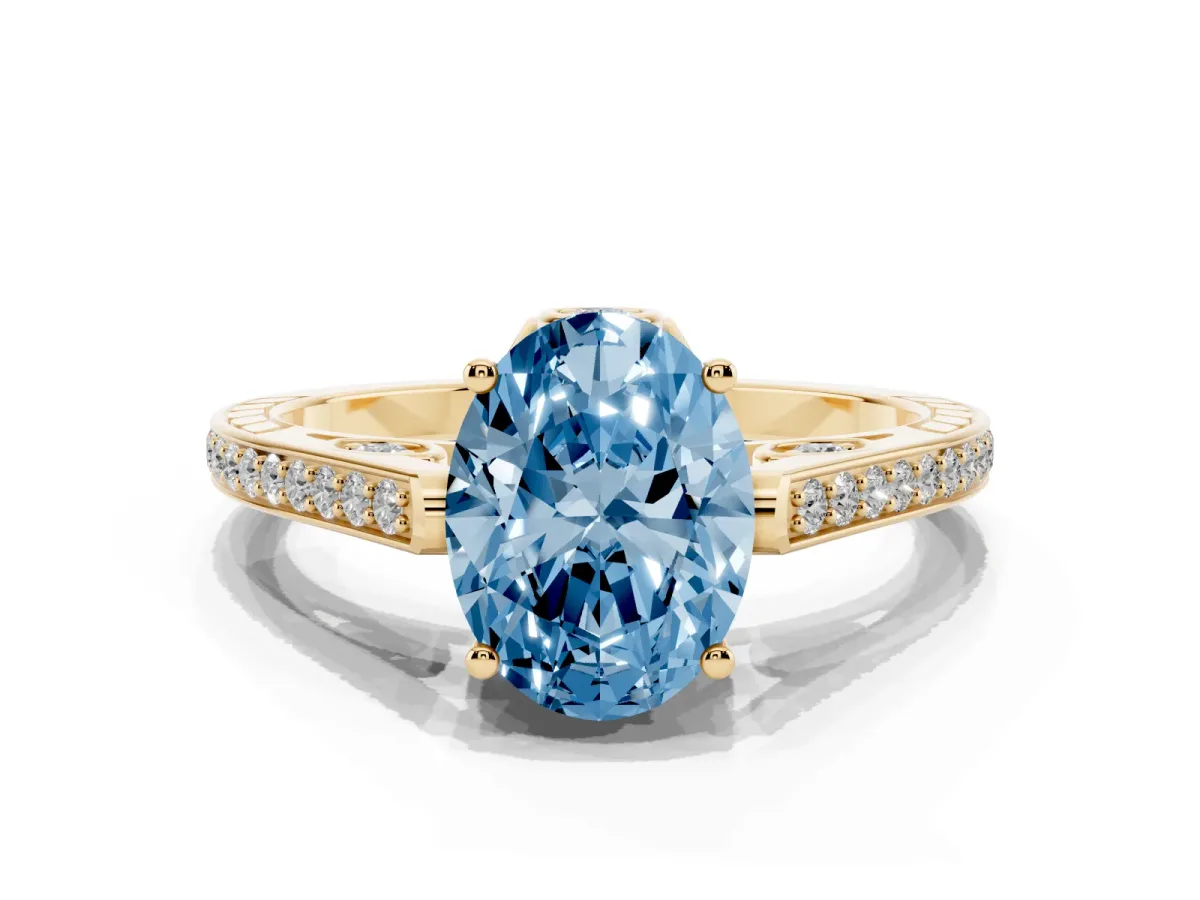 Fancy Blue Oval Cut Cut Cathedral Pave Diamond Engagement Ring with Six-Prong Setting Yellow gold