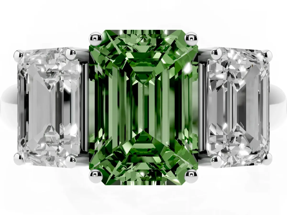 Fancy Green Three-Stone Emerald Cut Diamond Engagement Ring with Prong Setting White gold