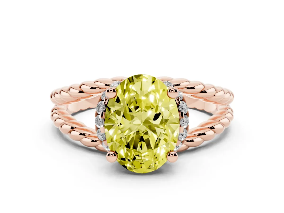 Fancy Yellow Oval Cut Halo Twisted Band Four-Prong Ring Rose gold