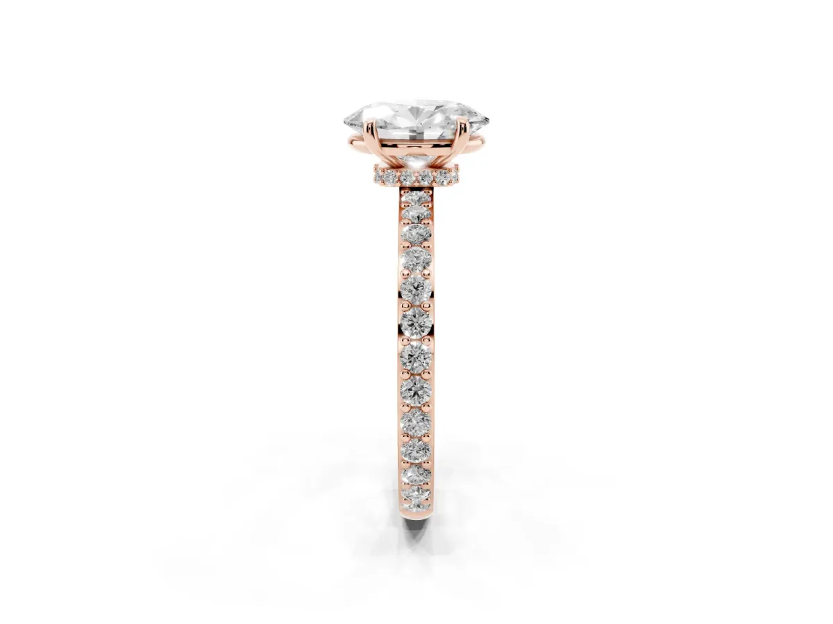 Oval Cut Diamond Pavé Engagement Ring with Round Accents and Prong Setting Rose gold