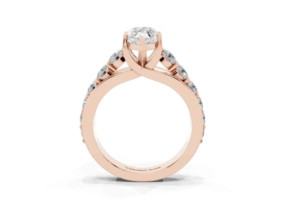 Marquise Cut Diamond Engagement Ring with Pavé Band and Four-Prong Setting Rose gold