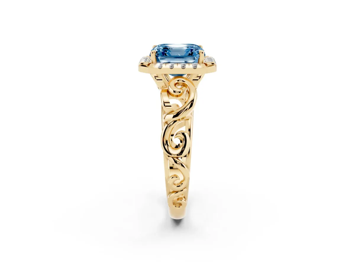 Fancy Blue Asscher Cut Cut Halo Diamond Ring with Scrollwork Band and Four-Prong Setting Yellow gold