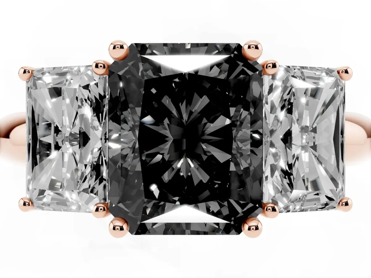 Fancy Black Three-Stone Radiant Cut Cut Diamond Engagement Ring with Prong Setting on a White Gold Band Rose gold