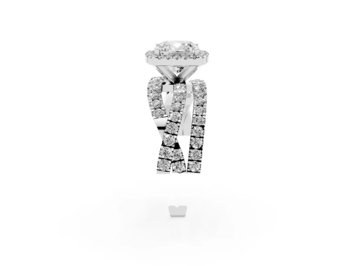 Cushion Cut Diamond Halo Ring with Round Split Shank and Prong Setting Platinum