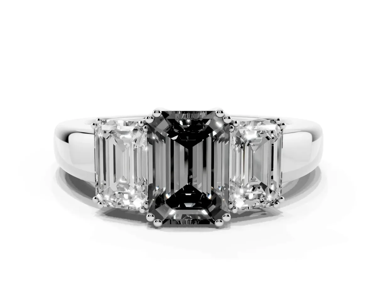 Fancy Black Three-Stone Emerald Cut Cut Diamond Ring with Channel Set Band and Four-Prong Setting Silver