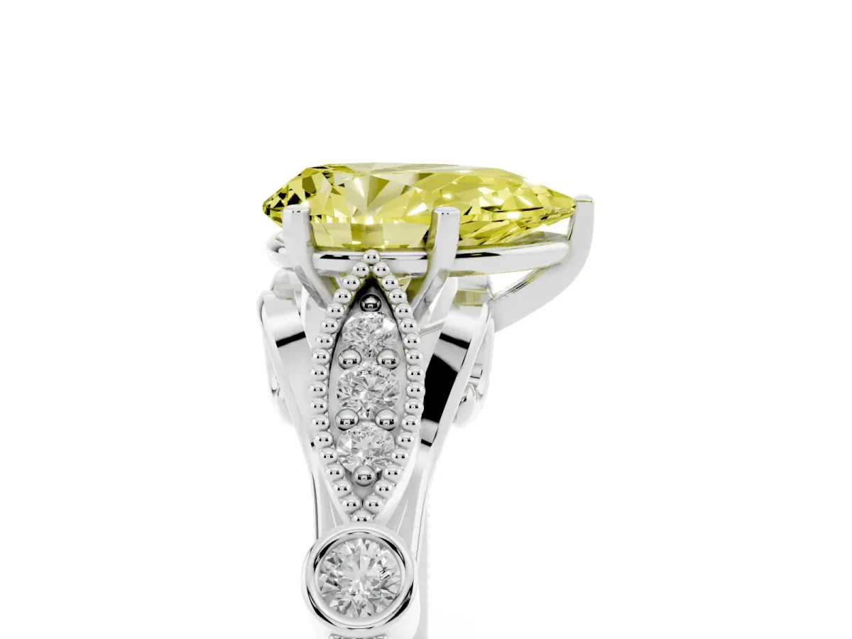Fancy Yellow Pear Cut Cut Diamond with Milgrain Marquise and Bezel Accents on a Solitaire Band with Prong Setting Silver