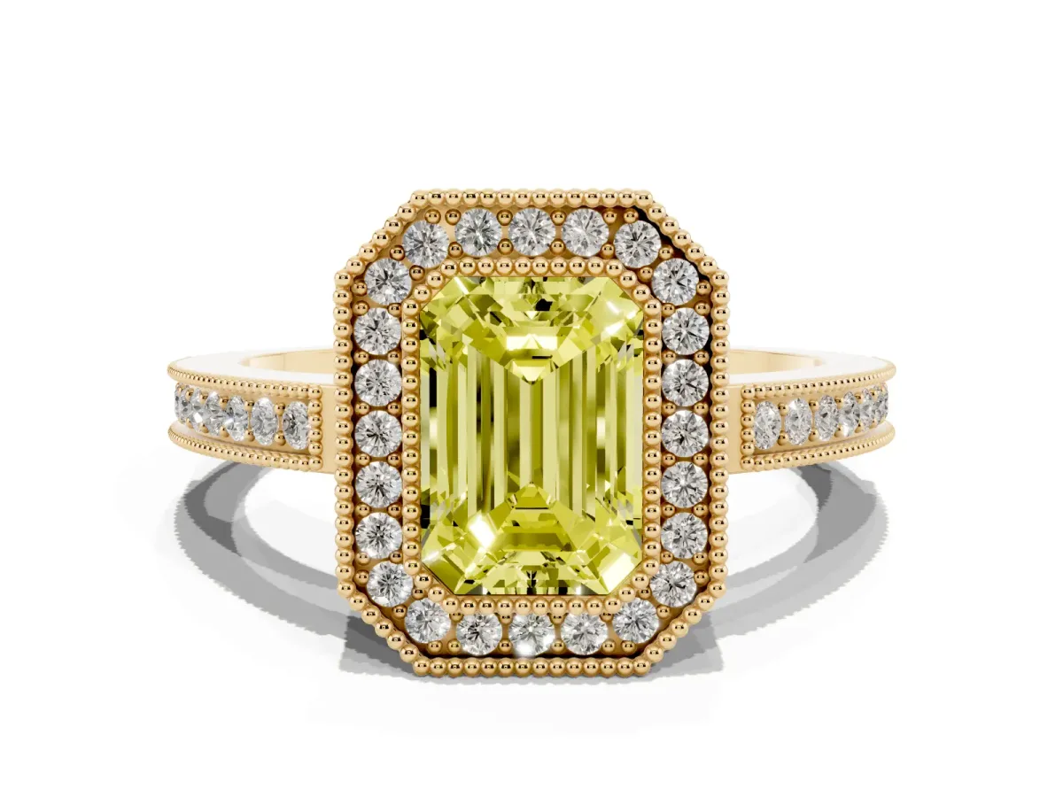 Fancy Yellow Emerald Cut Cut Halo Diamond Ring with Pavé Band and Milgrain Prong Setting Yellow gold