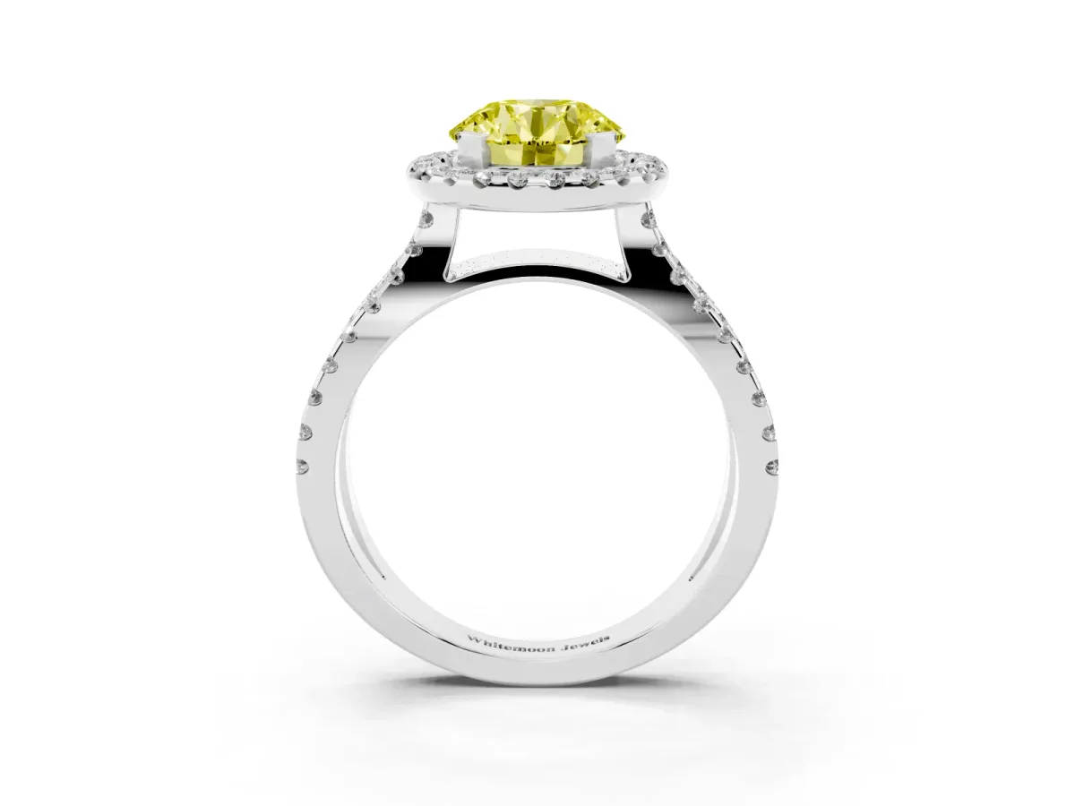 Fancy Yellow Round Cut Diamond Halo Ring with Split Shank Pavé Band and Prong Setting Silver