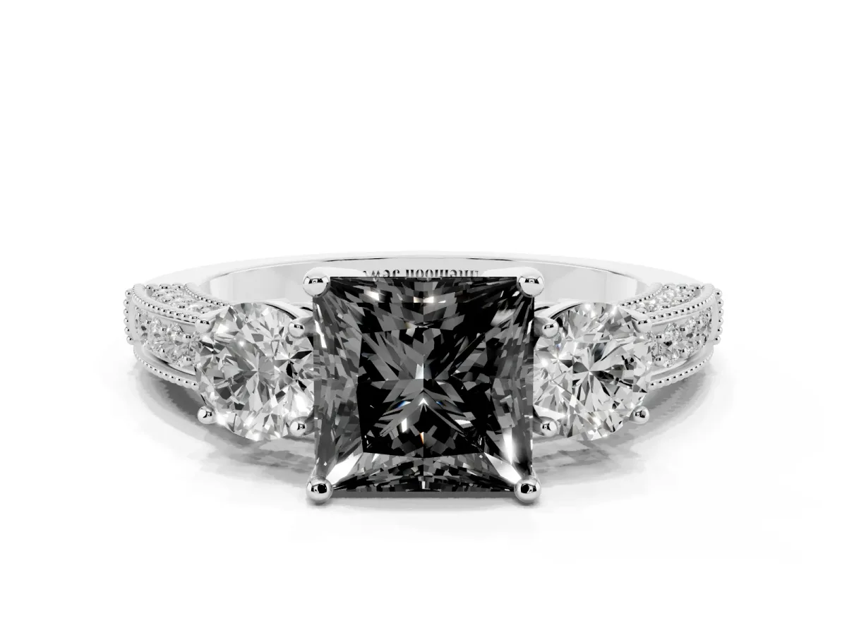 Fancy Black Princess Cut Three-Stone Diamond Ring with Pavé Band and Four-Prong Setting Silver