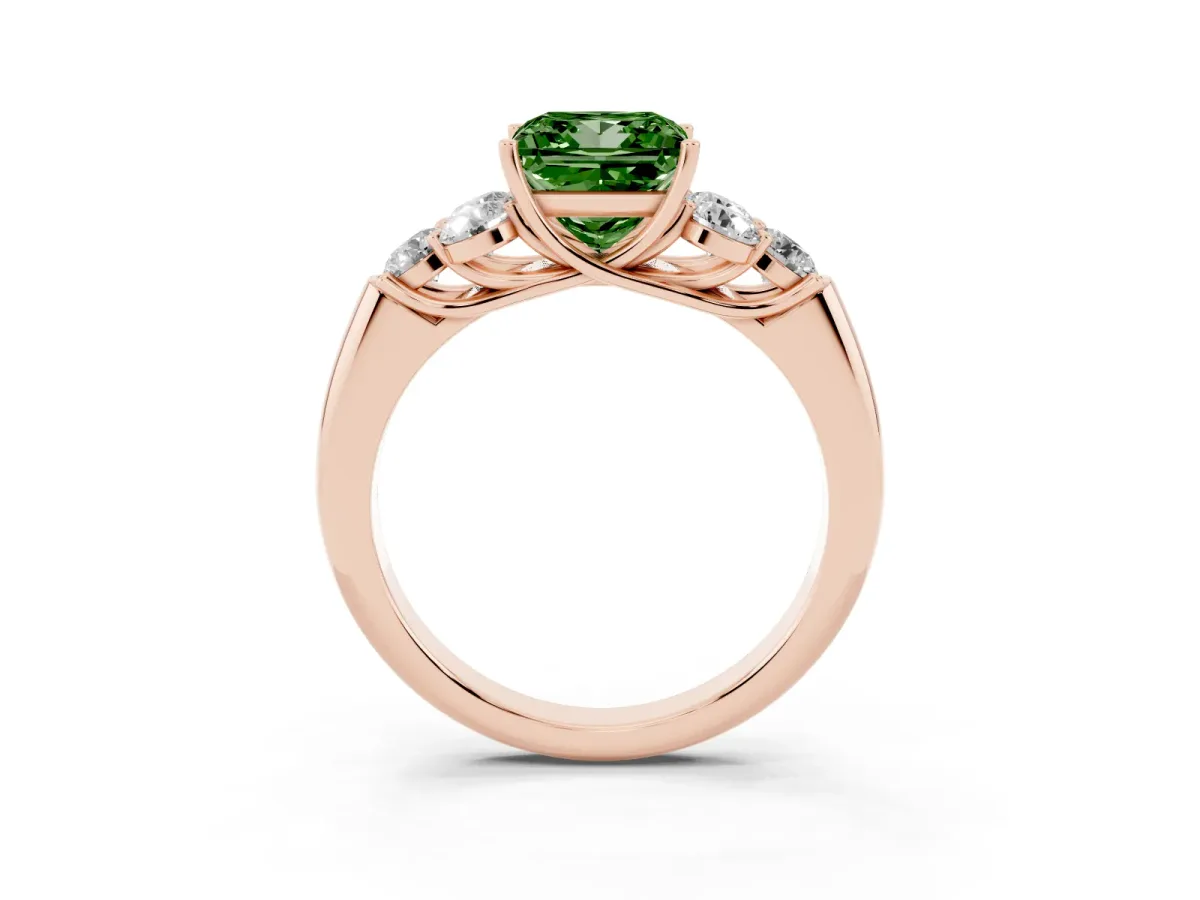Fancy Green Princess Cut Cut Diamond Cluster Ring with Round Accent Stones and Prong Setting on a Classic Band Rose gold