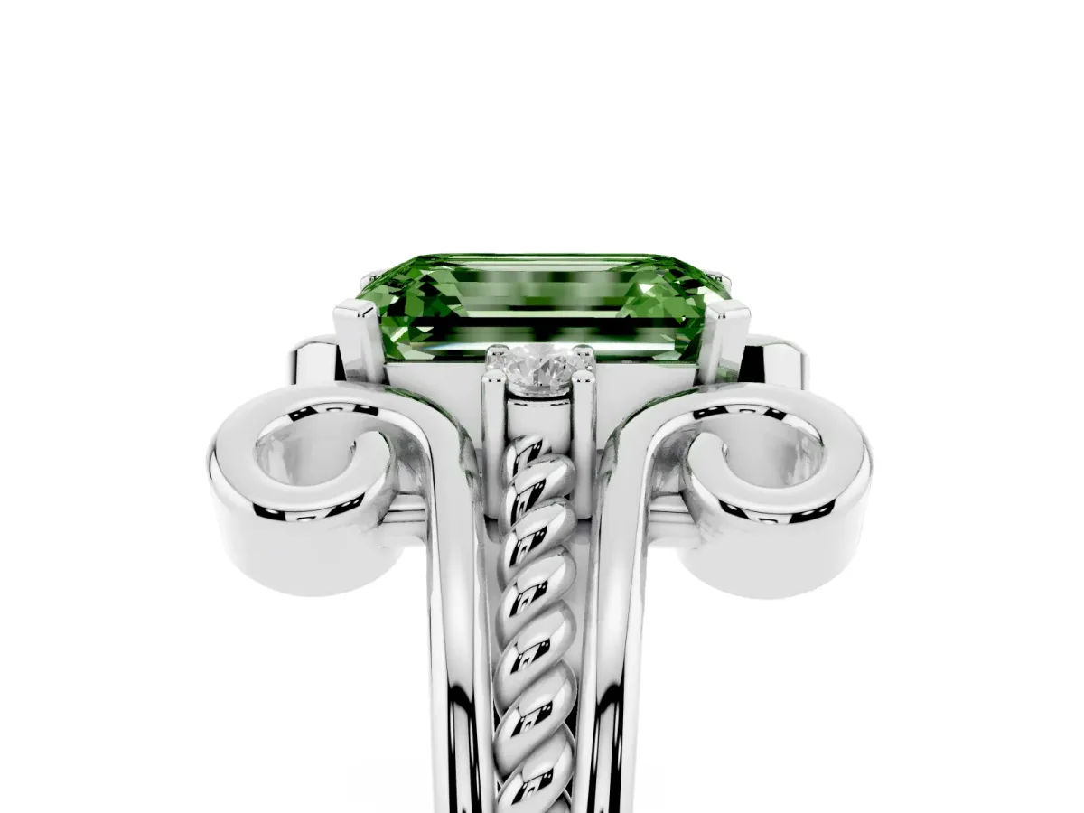 Fancy Green Emerald Cut Solitaire Twisted Band Scroll Prong Ring Silver