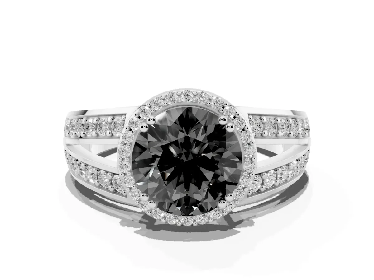 Fancy Black Round Cut Diamond Halo Ring with Split Shank Pavé Band and Four-Prong Setting Platinum