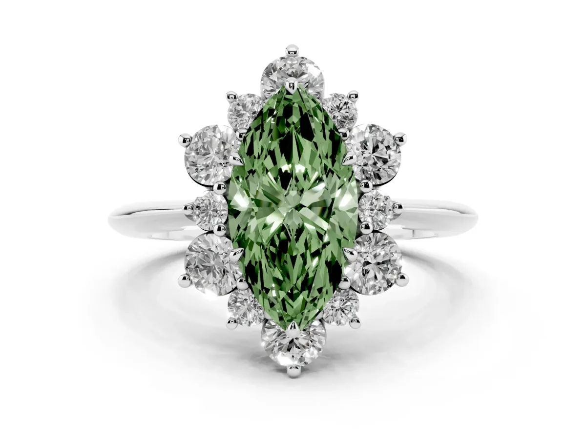 Fancy Green Marquise Cut Diamond Cluster Halo Ring with Solitaire Band and Four-Prong Setting Platinum