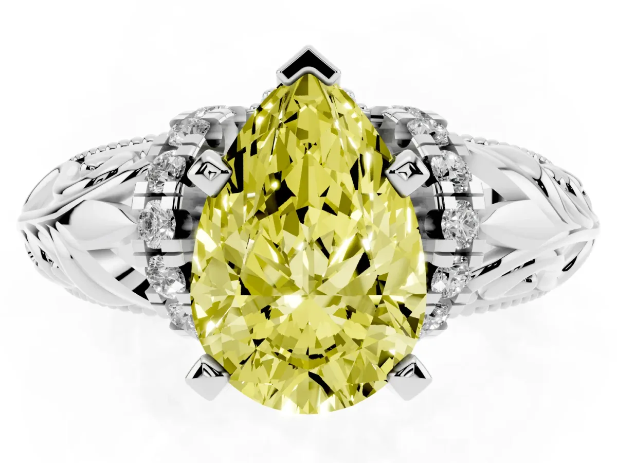Fancy Yellow Pear Cut Solitaire Filigree Engagement Ring with Halo and Prong Setting Silver