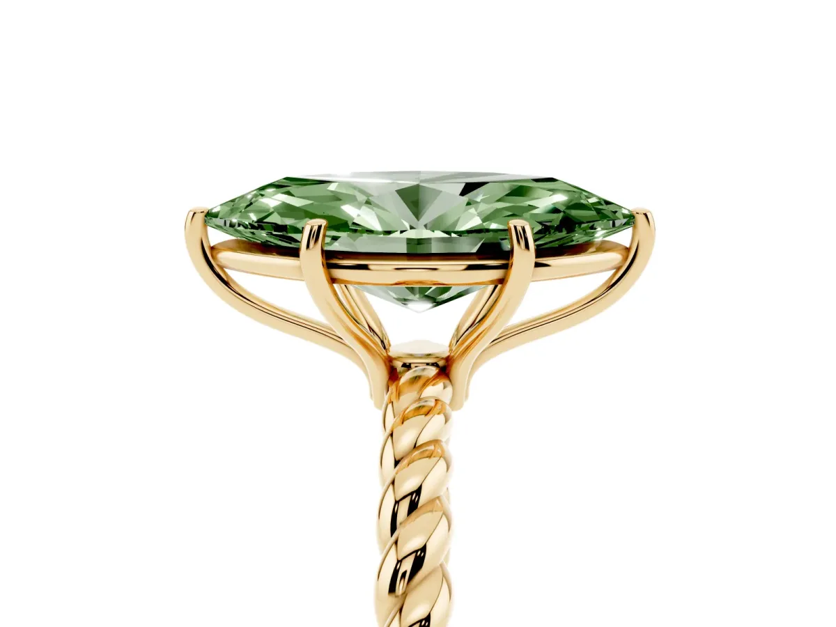 Fancy Green Marquise Cut Solitaire Twist Band Ring with Four-Prong Setting Yellow gold
