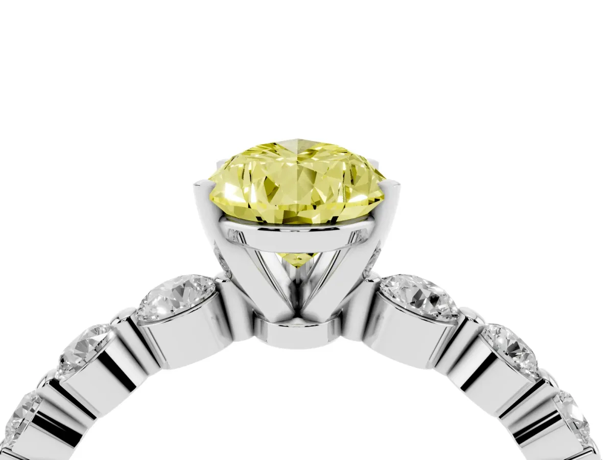 Fancy Yellow Pear Cut Solitaire Diamond Ring with Pave Band and Four-Prong Setting Silver