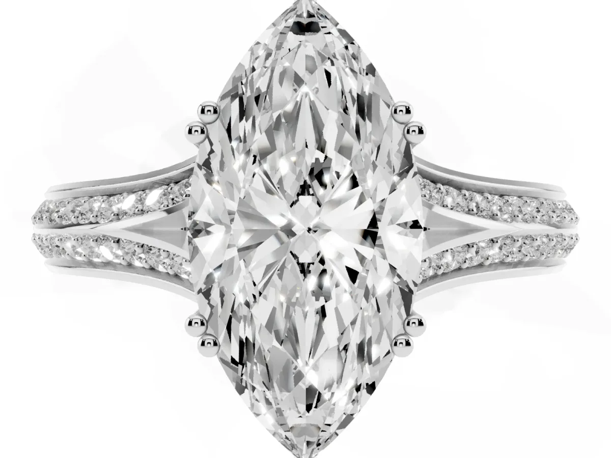 Marquise Cut Diamond Split Shank Engagement Ring with Pavé Band Silver