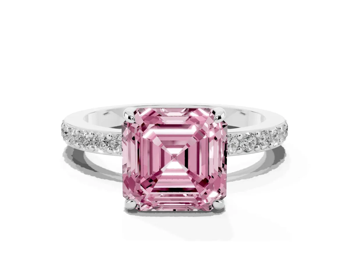 Fancy Pink Asscher Cut Diamond Solitaire Engagement Ring with Pavé Band and Four-Prong Setting Silver