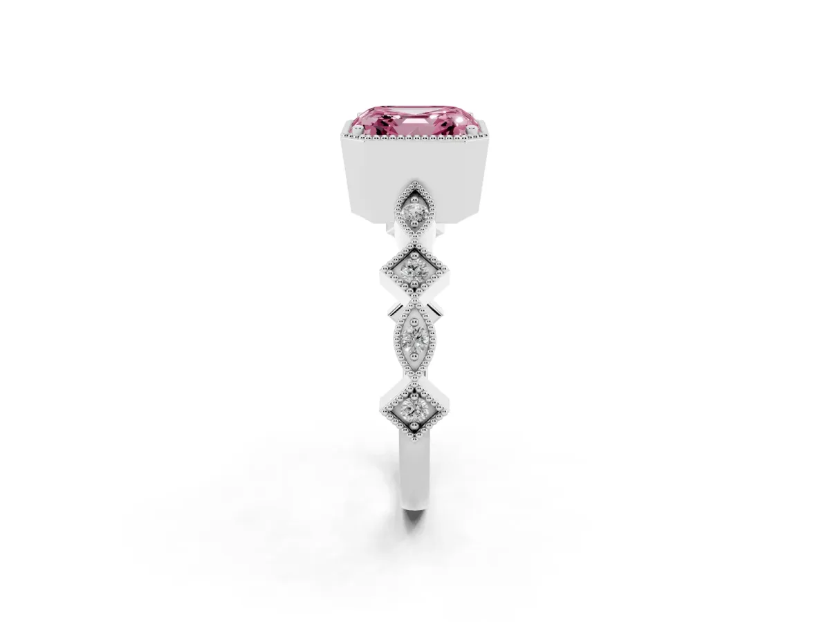 Fancy Pink Asscher Cut Milgrain Marquise Diamond Twist Band Ring Silver