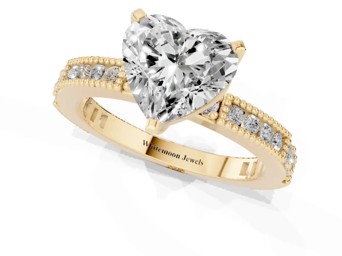 Heart Cut Solitaire with Pavé Band and Four-Prong Setting Yellow gold