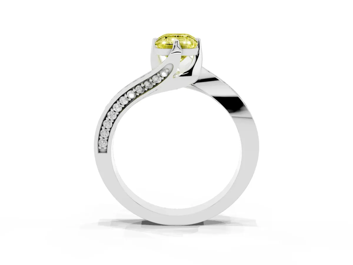 Fancy Yellow Emerald Cut Solitaire Diamond Twist Band with Pavé Setting and Four-Prong Setting Silver