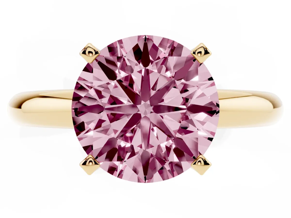 Fancy Pink Round Cut Diamond Solitaire Engagement Ring with Round Band and Four-Prong Setting Yellow gold