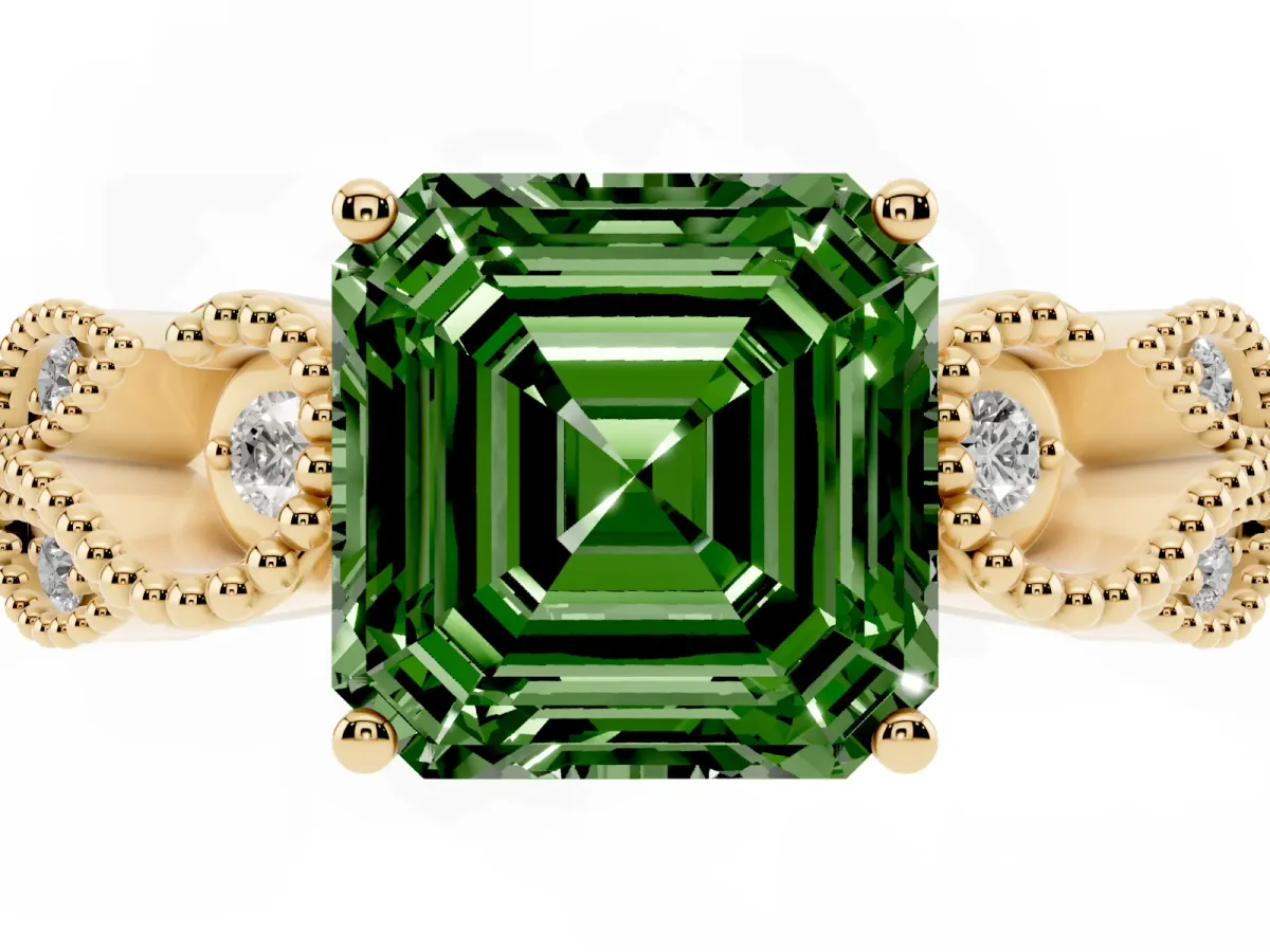 Fancy Green Asscher Cut Solitaire Milgrain Leaf Band with Prong Setting Yellow gold