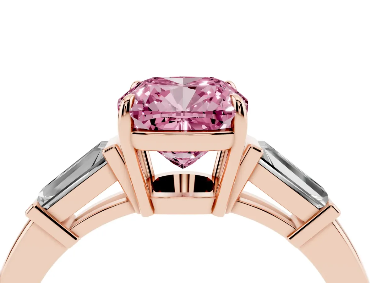 Fancy Pink Cushion Cut Diamond Three-Stone Ring with Tapered Baguette Side Stones and Prong Setting Rose gold
