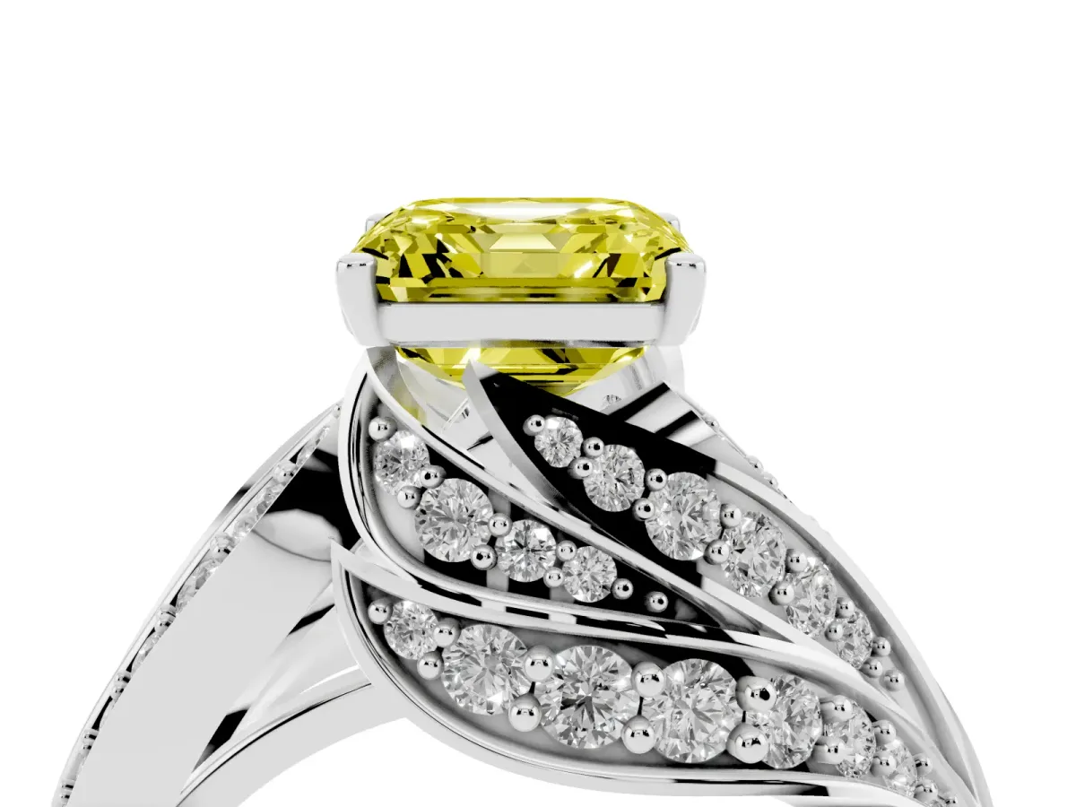 Fancy Yellow Asscher Cut Diamond Solitaire Ring with Prong Setting and Twisted Pavé Band Silver