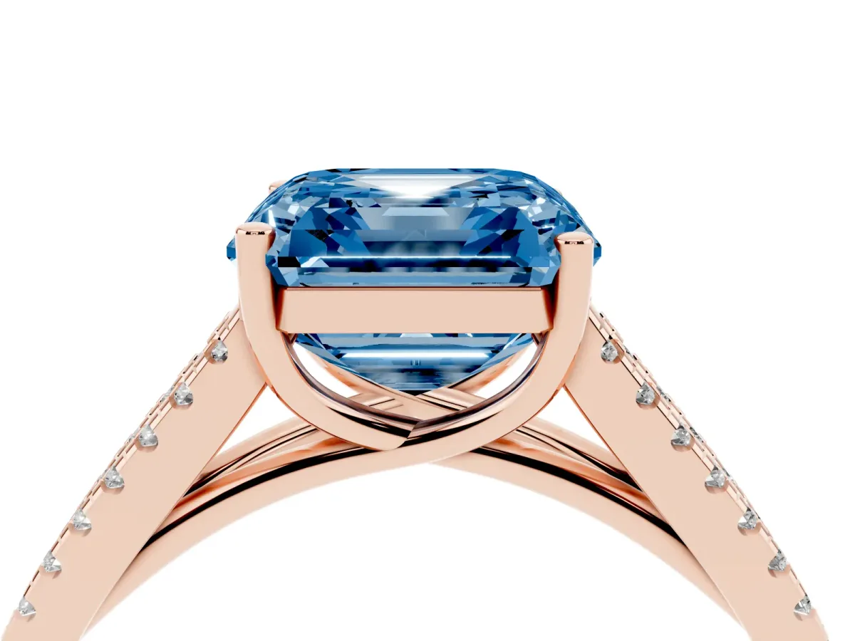 Fancy Blue Asscher Cut Diamond Solitaire Engagement Ring with Split Shank Pavé Band Rose gold