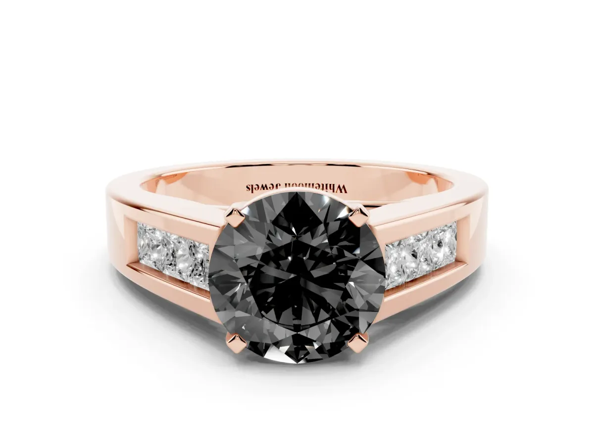 Fancy Black Round Cut Cut Channel Set Solitaire Ring with Four-Prong Setting Rose gold