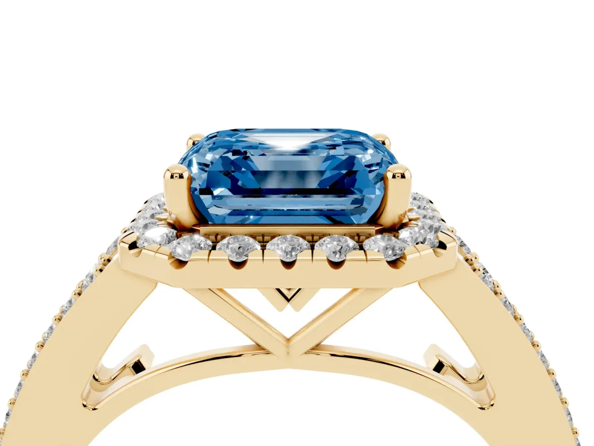 Fancy Blue Asscher Cut Halo Split Shank Diamond Ring with Prong Setting Yellow gold