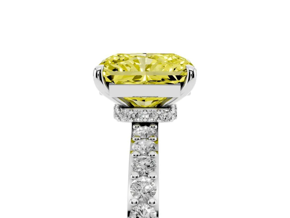 Fancy Yellow Radiant Cut Diamond Pavé Engagement Ring with Round Accents and Prong Setting White gold