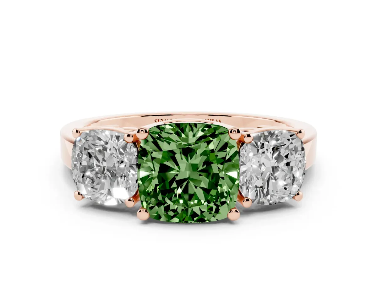 Fancy Green Three-Stone Cushion Cut Cut Diamond Engagement Ring with Flat Band and Four-Prong Setting Rose gold