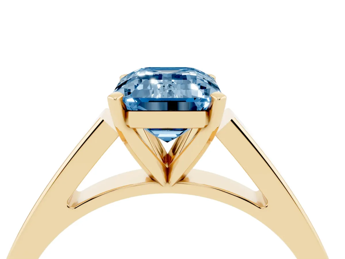 Fancy Blue Emerald Cut Solitaire Engagement Ring with Four-Prong Setting and Tapered Band Yellow gold