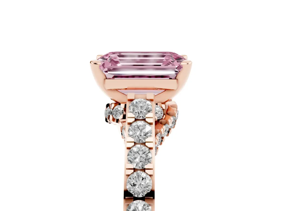 Fancy Pink Emerald Cut Diamond Solitaire Ring with Crossover Gallery and Round Pavé Band Rose gold