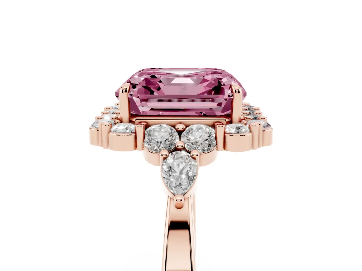 Fancy Pink Asscher Cut Diamond Halo Ring with Pear Side Stones and Prong Setting Rose gold