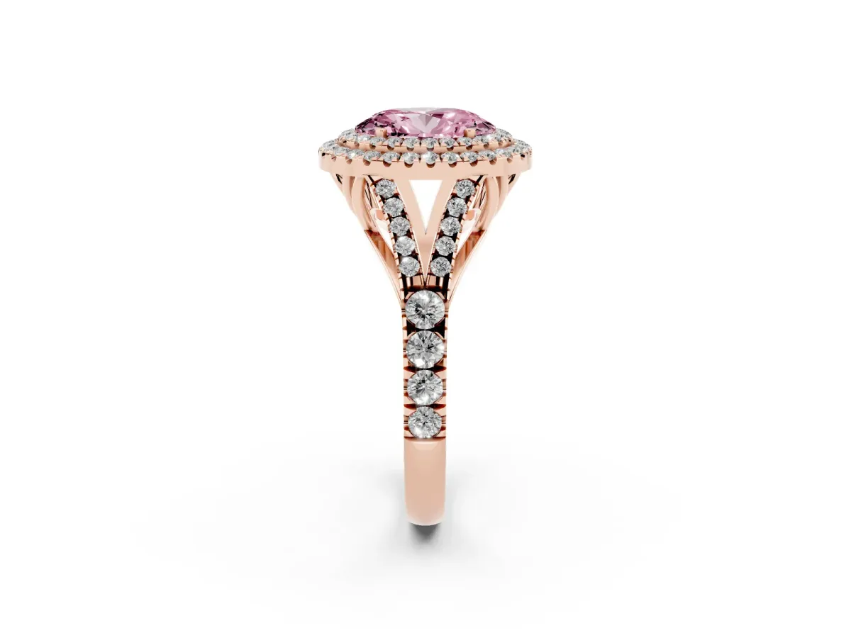 Fancy Pink Oval Cut Diamond Pavé Split Shank Double Halo Engagement Ring Rose gold