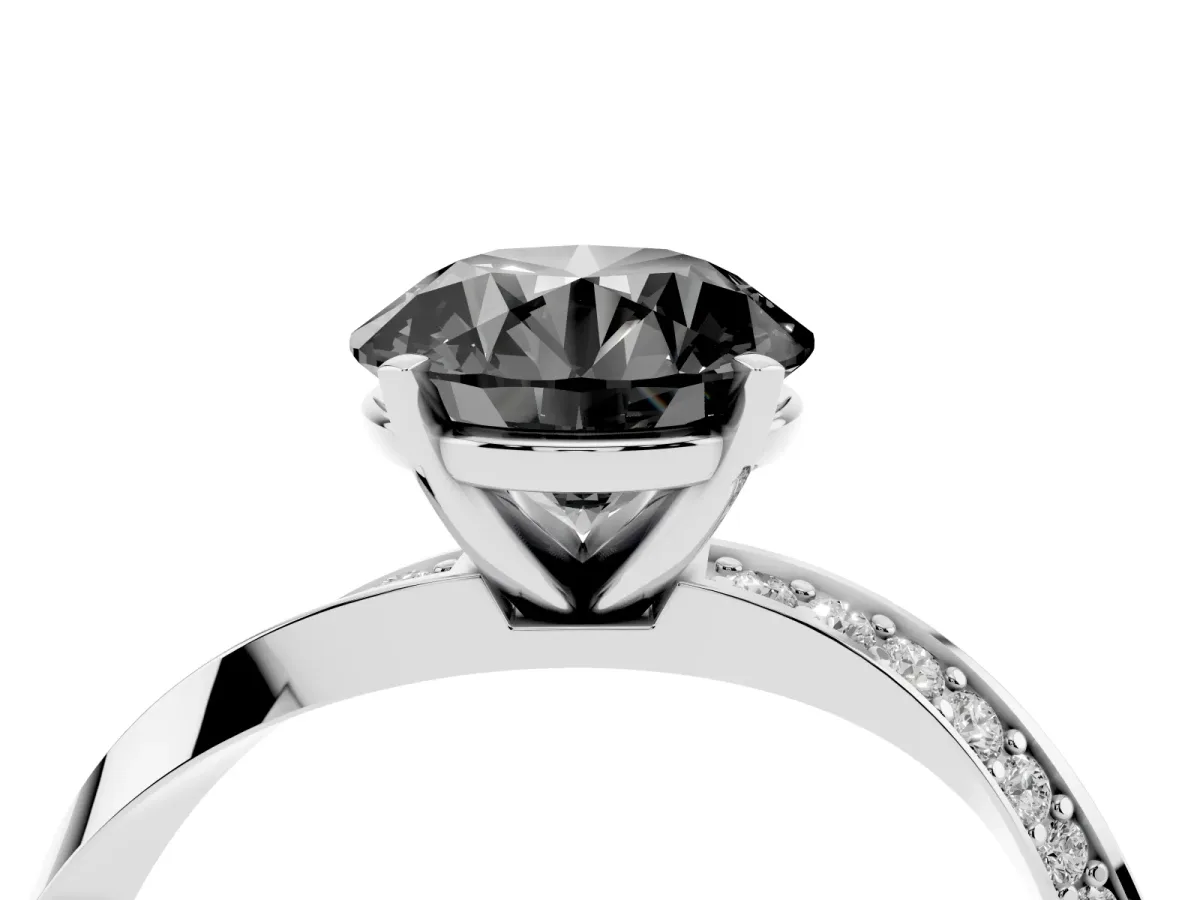 Fancy Black Round Cut Diamond Engagement Ring with Side Stone Accents and Four-Prong Setting Silver