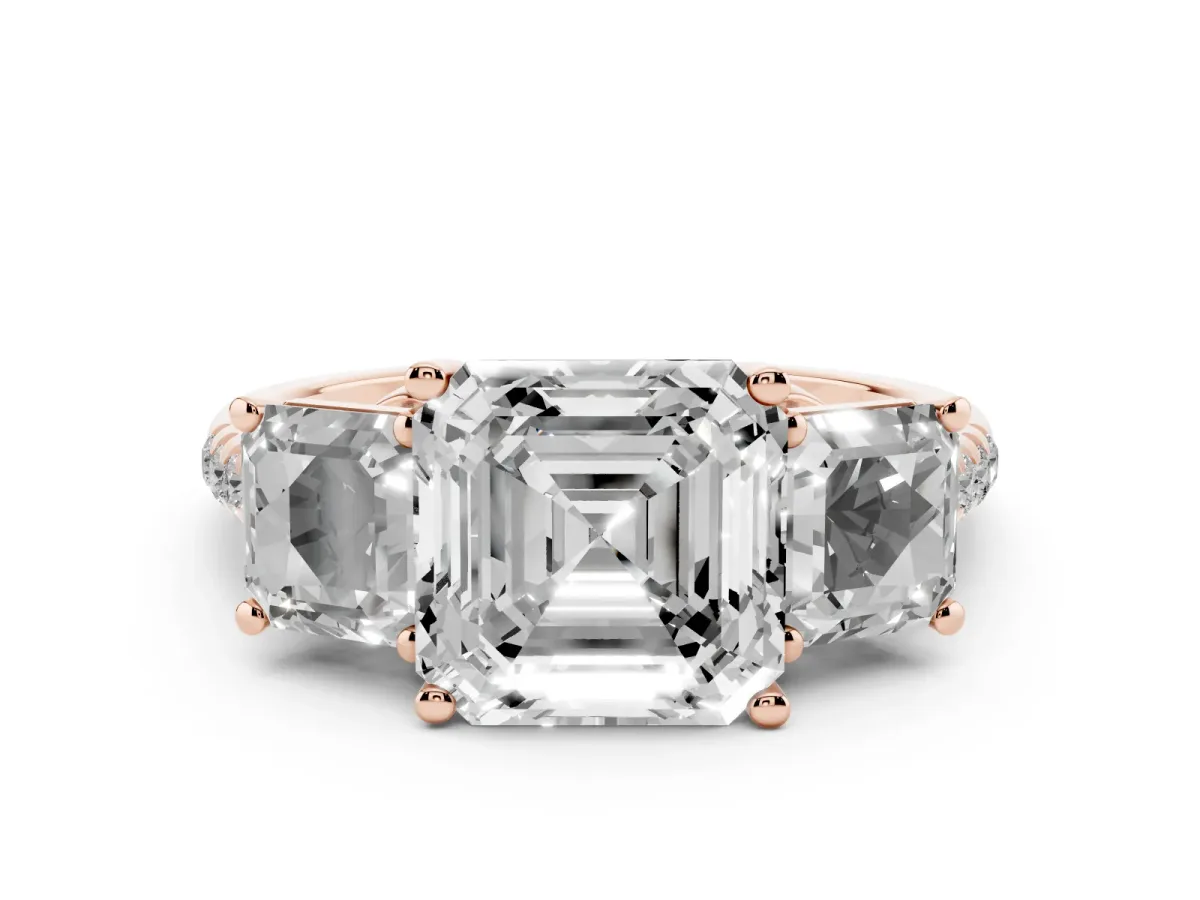 Three-Stone Asscher Cut Diamond Ring with Round Pavé Band and Prong Setting Rose gold