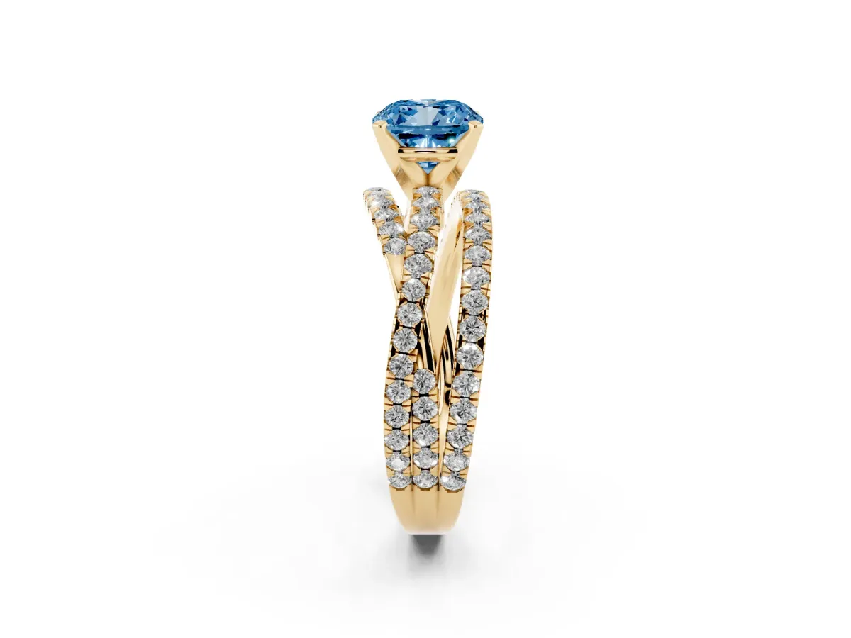 Fancy Blue Cushion Cut Solitaire Twist Band with Pavé Setting and Four-Prong Setting Yellow gold