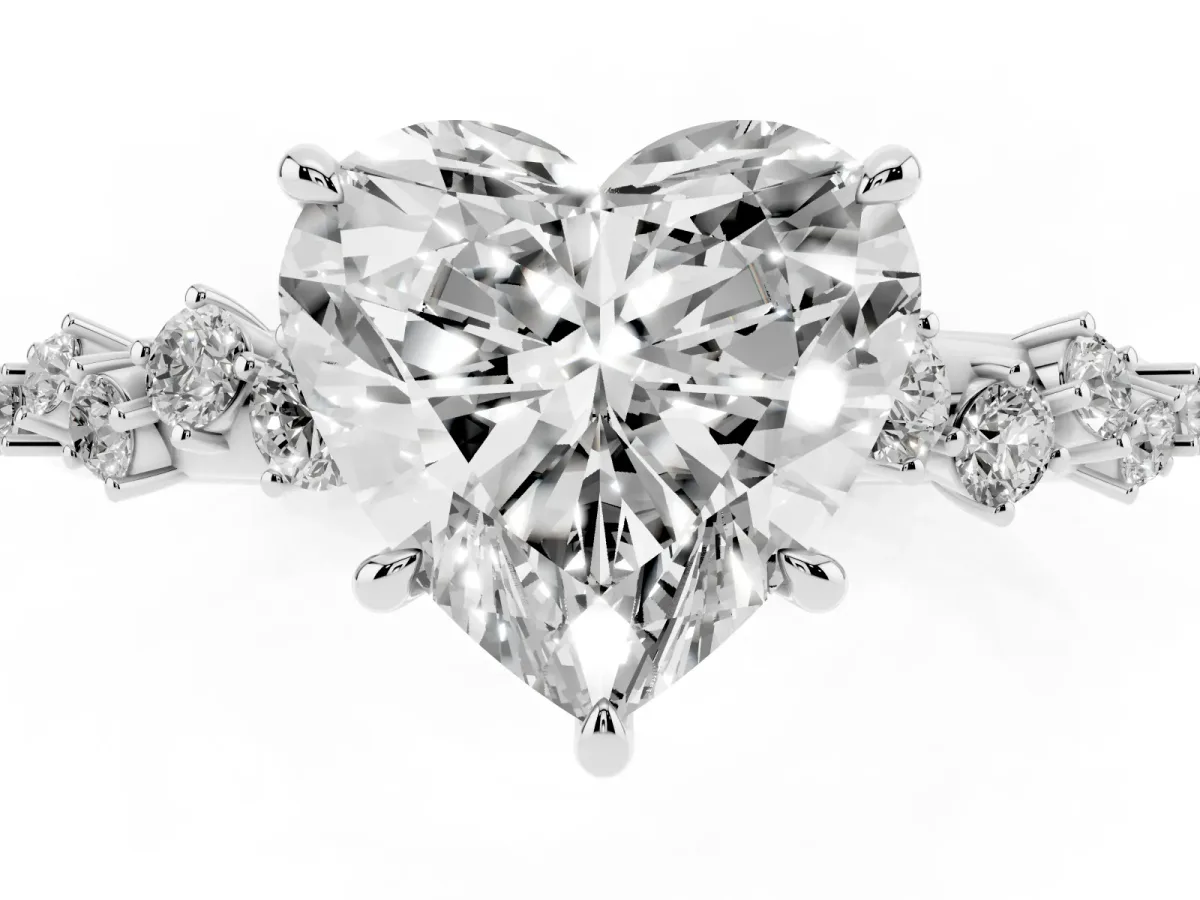 Heart Cut Diamond Cluster Side Stone Solitaire Ring with Prong Setting Silver