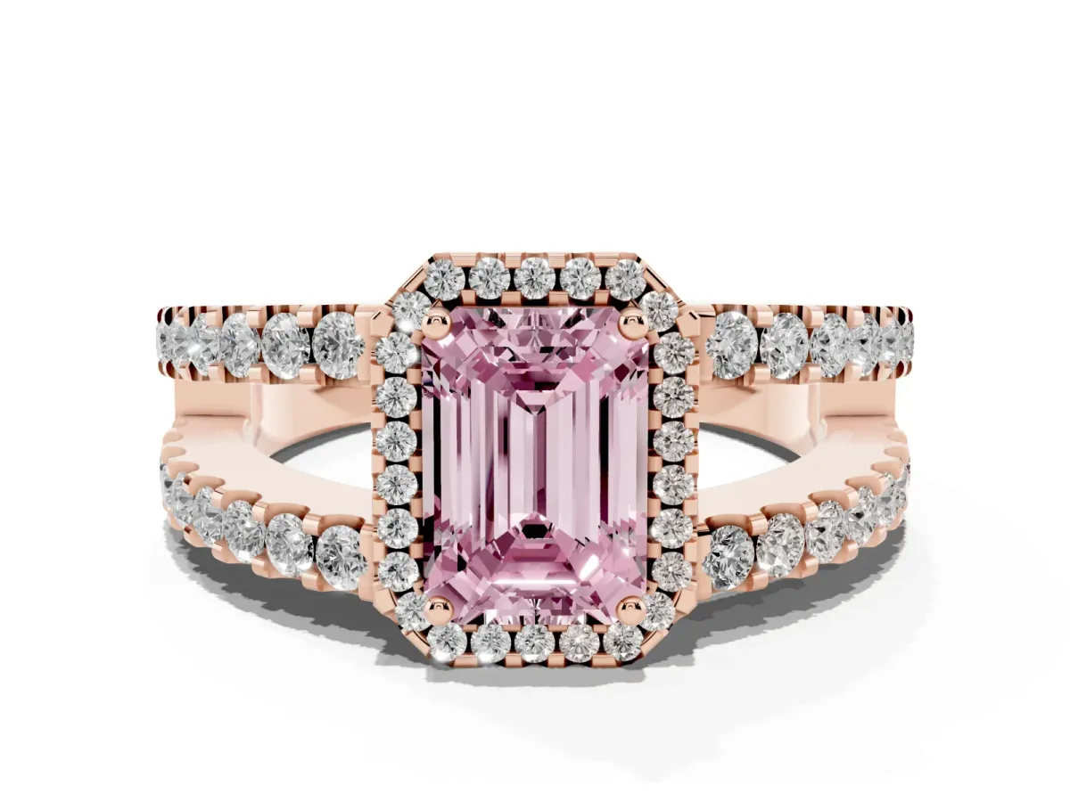 Fancy Pink Emerald Cut Cut Halo Split Shank Diamond Ring with Four-Prong Setting Rose gold