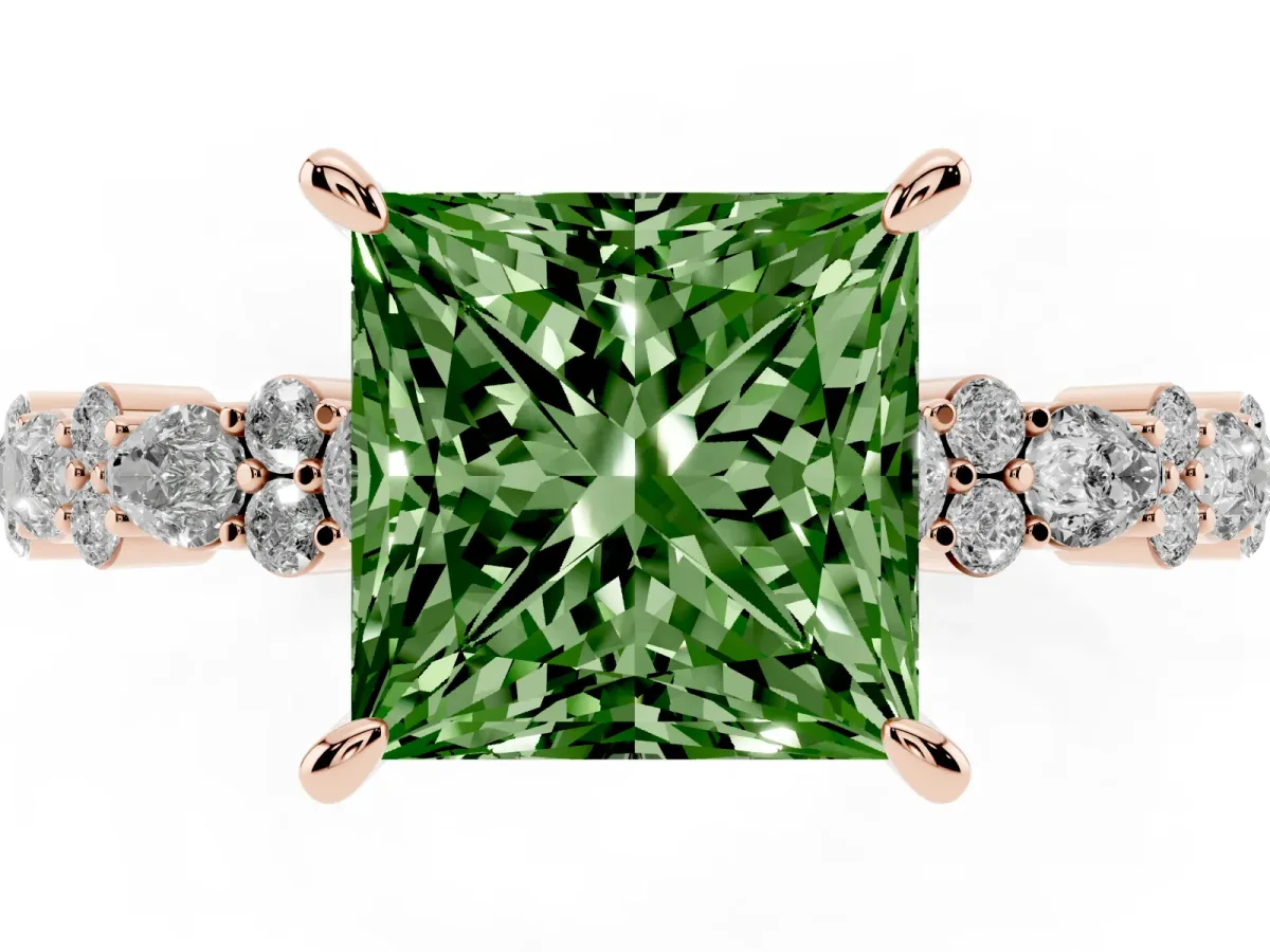 Fancy Green Princess Cut Diamond Side Stone Solitaire Ring with Round and Four-Prong Setting Rose gold