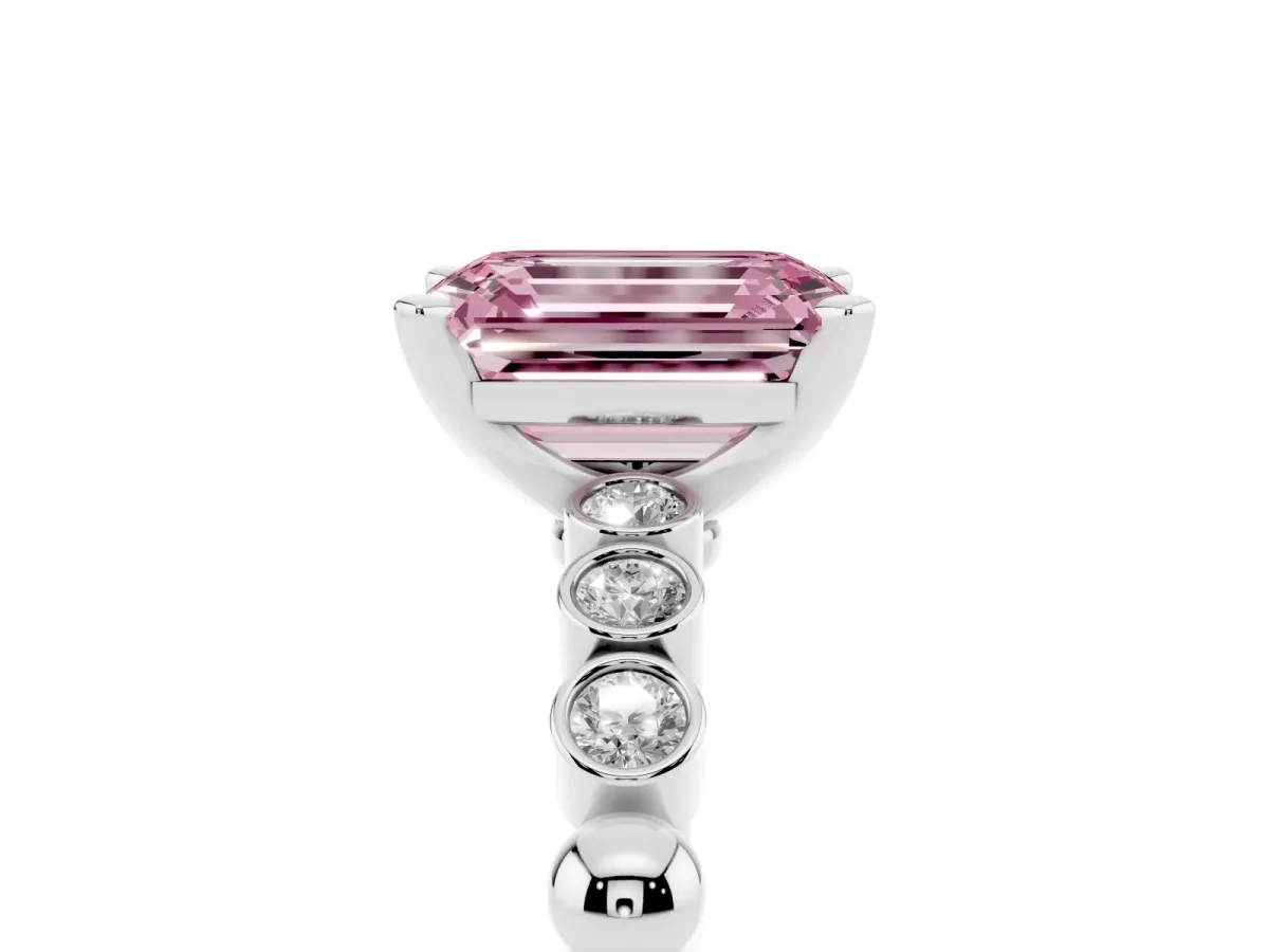 Fancy Pink Emerald Cut Solitaire Bezel Accent Diamond Engagement Ring with Beaded Band and Four-Prong Setting Silver