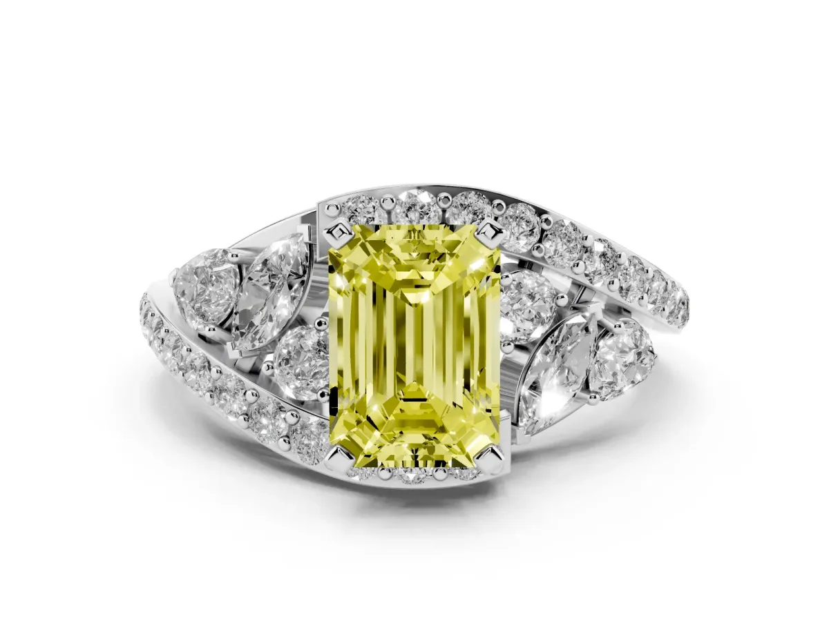 Fancy Yellow Emerald Cut Diamond Halo Ring with Marquise and Pavé Band in Prong Setting Platinum