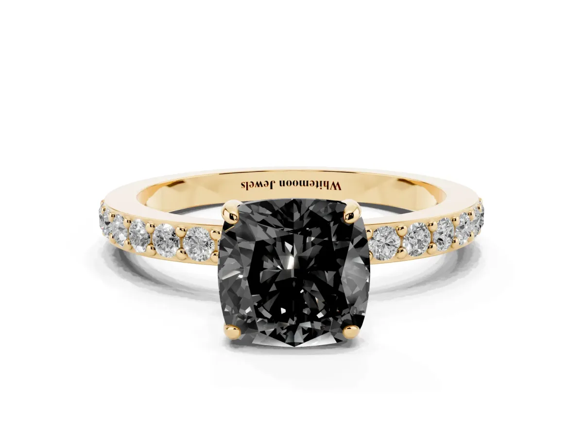 Fancy Black Cushion Cut Diamond Pavé Engagement Ring with Round Accents and Prong Setting Yellow gold