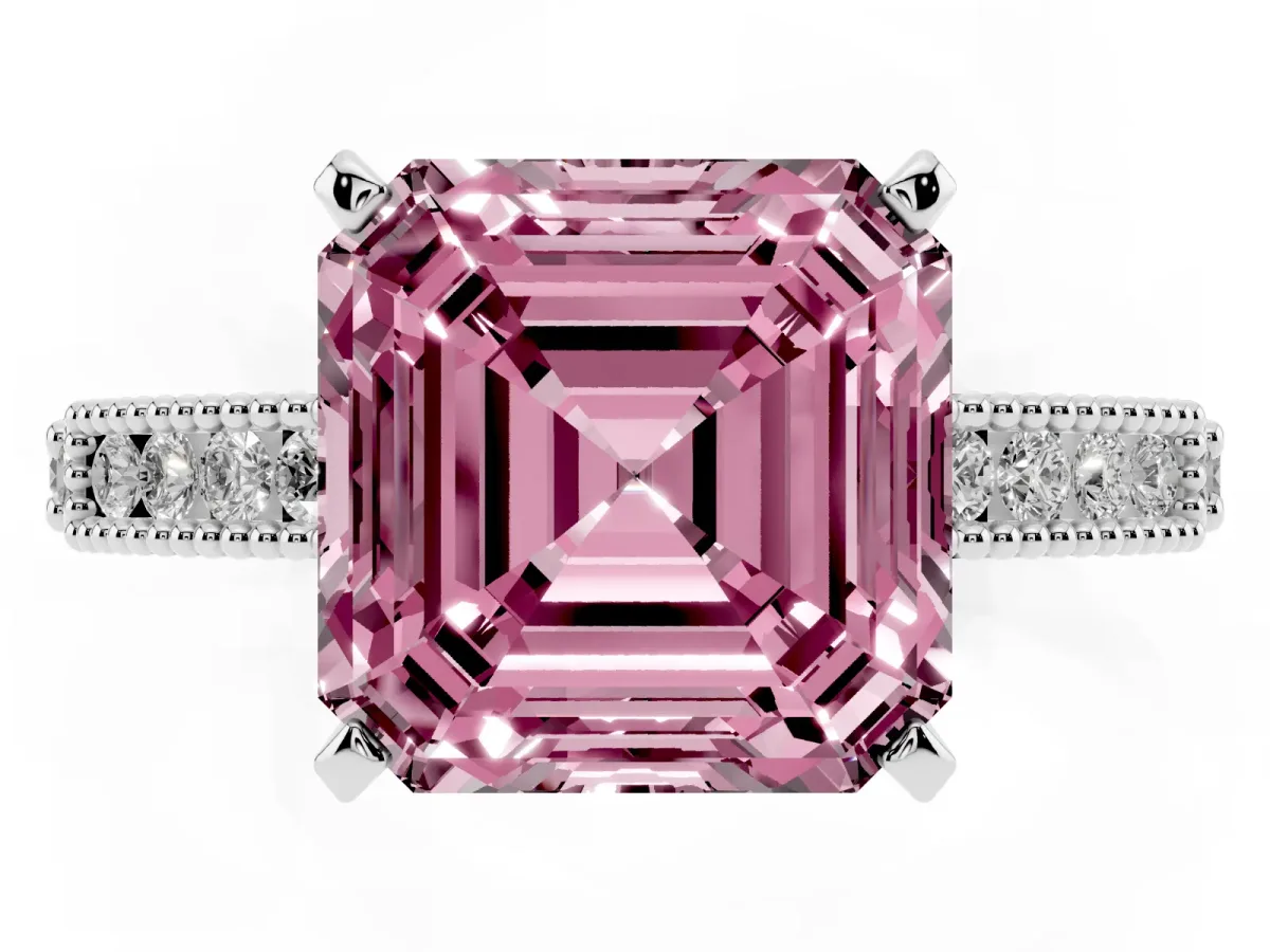 Fancy Pink Asscher Cut Solitaire with Pavé Band and Four-Prong Setting Silver