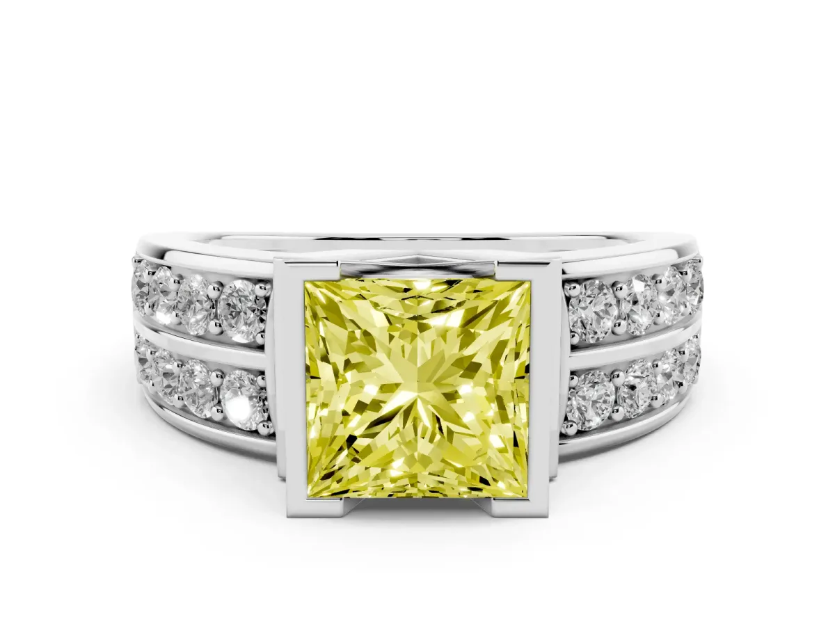 Fancy Yellow Princess Cut Brilliant Diamond Channel Set Wide Band Ring with Bezel Setting Silver