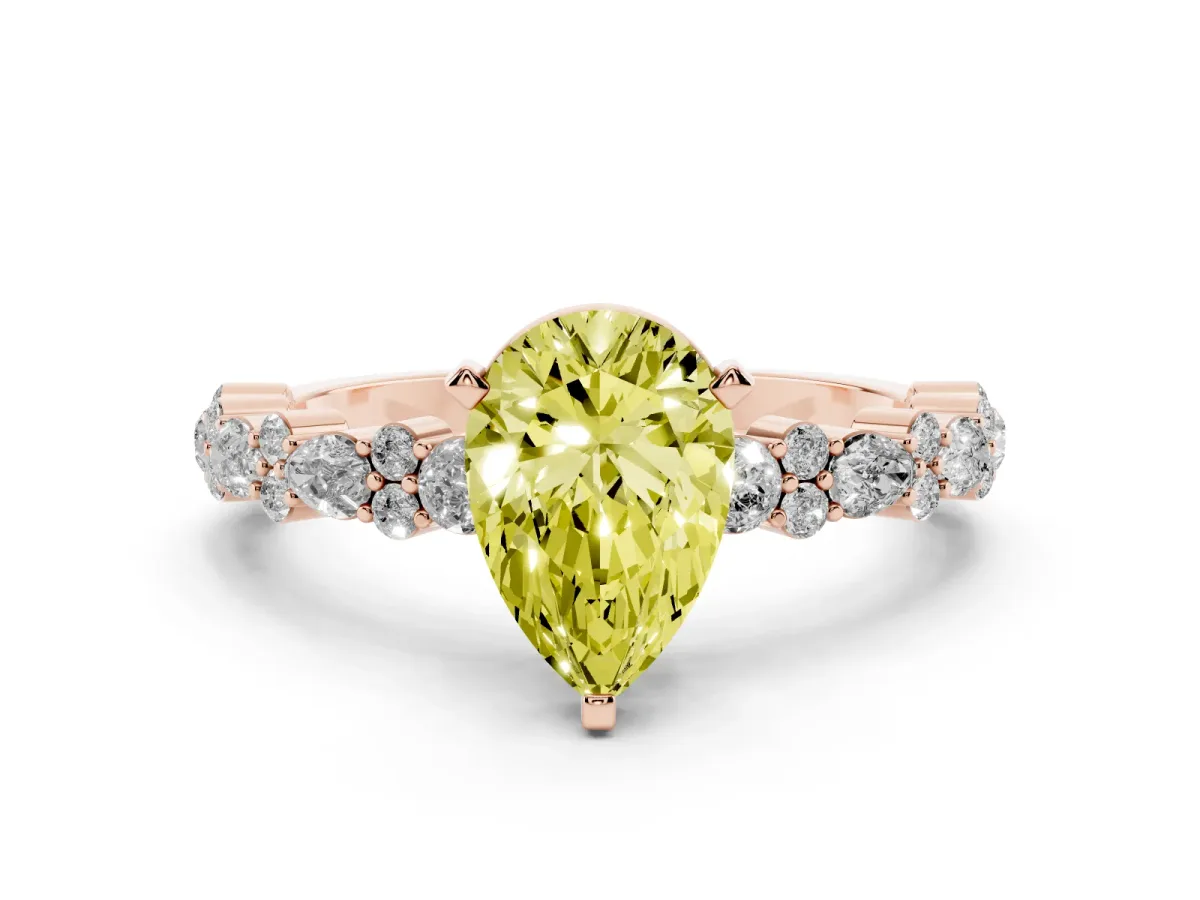 Fancy Yellow Pear Cut Diamond Side Stone Solitaire Ring with Round and Four-Prong Setting Rose gold